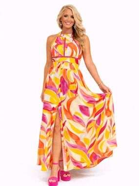 Abel The Label Halter Maxi Dress in Pink, Yellow & Orange Size Medium